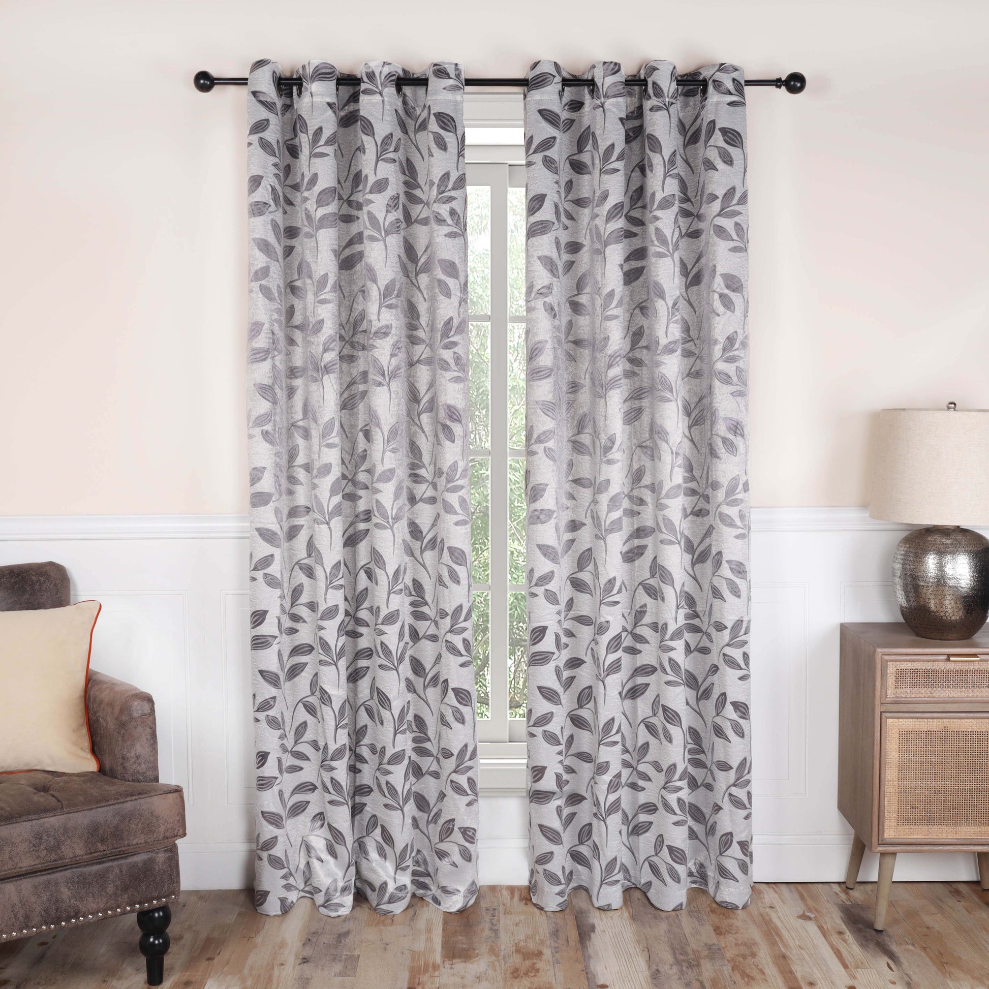 Leaves Machine Washable Room Darkening Blackout Curtains, Set of 2 - Gray