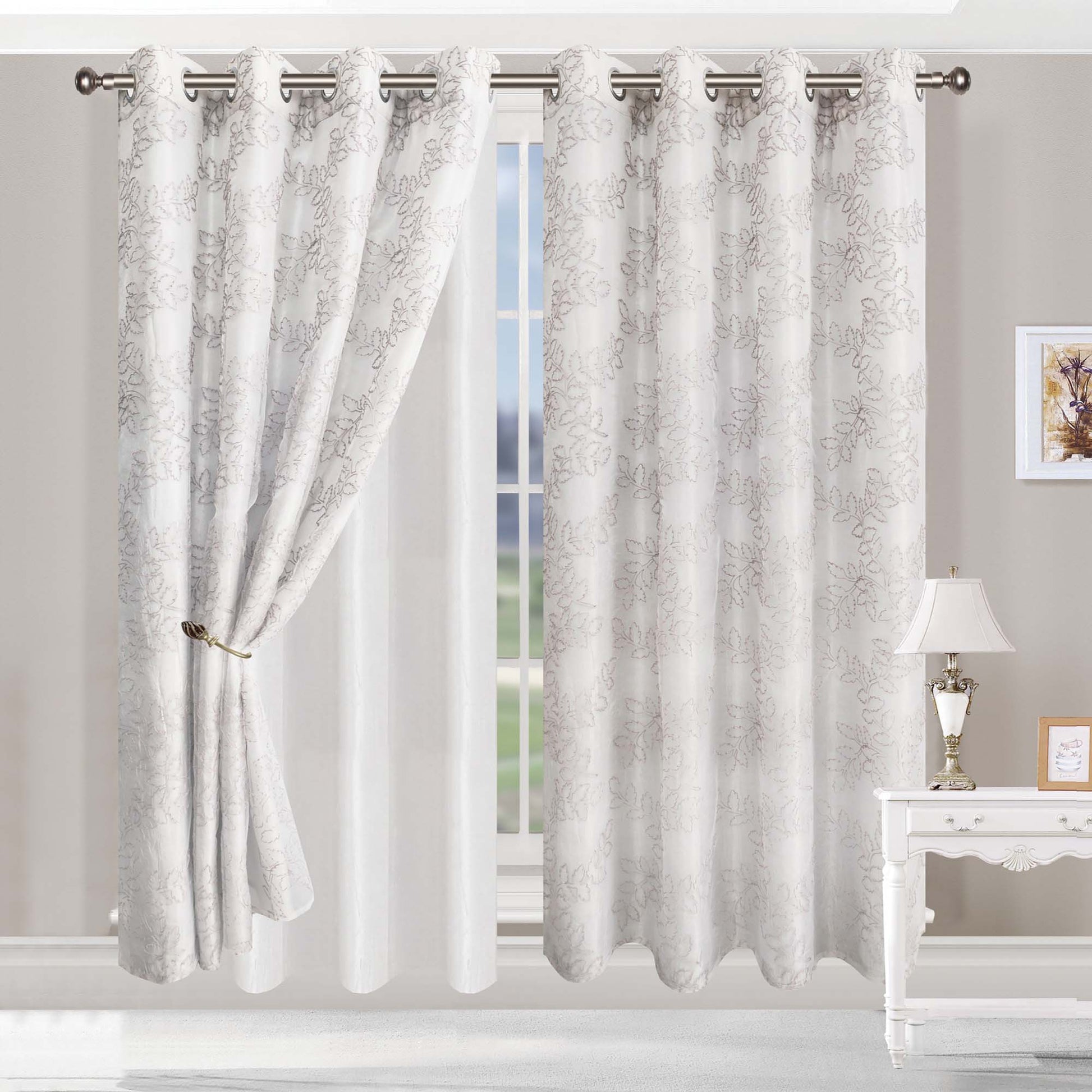 Embroidered Leaves Grommet 2 Piece Layered Sheer Curtain Panel Set - Gray