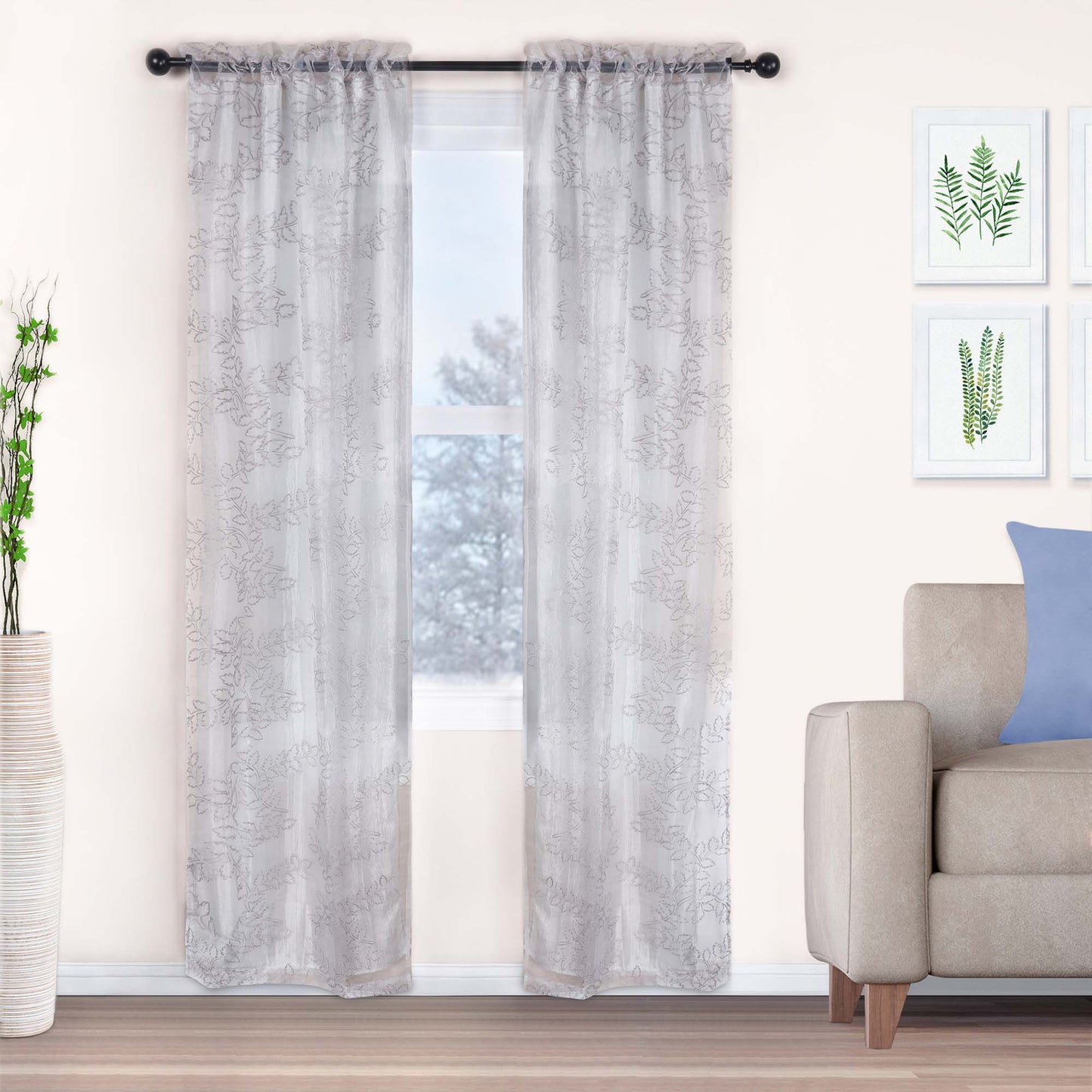 Embroidered Leaves Grommet 2 Piece Layered Sheer Curtain Panel Set - Gray