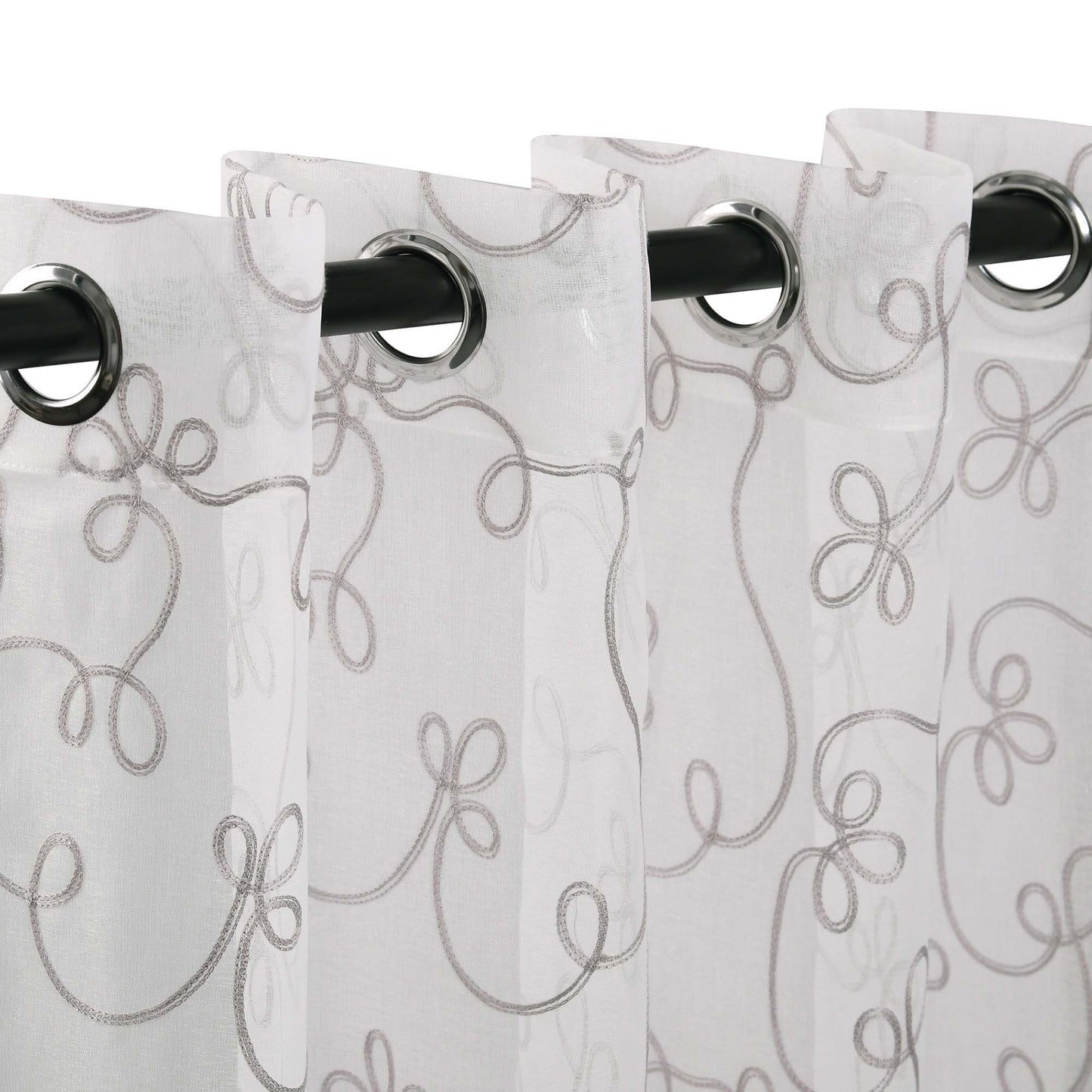 Sheer Traditional Embroidered Scroll Grommet Curtain Panel Set of 2 - Gray