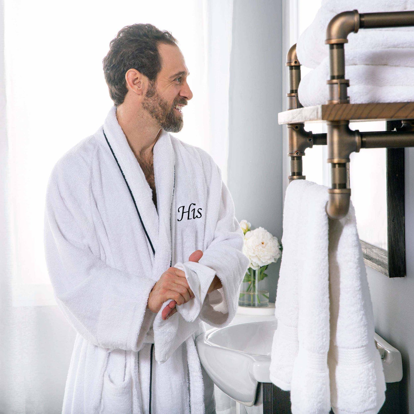 Cotton Adult Unisex Embroidered Fluffy Bathrobe White - His