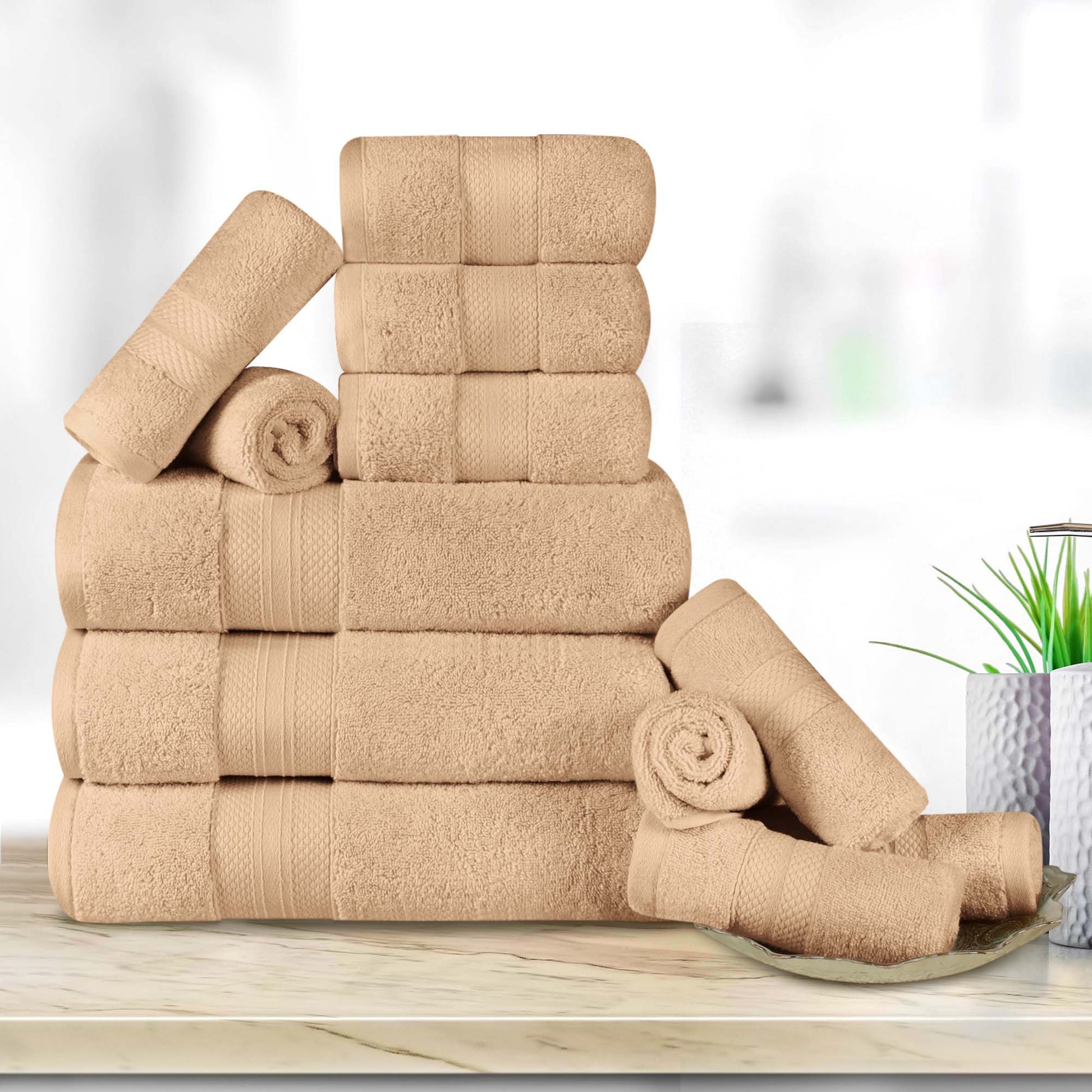 Turkish Cotton Highly Absorbent Solid 12 Piece Ultra Plush Towel Set - Hazelnut