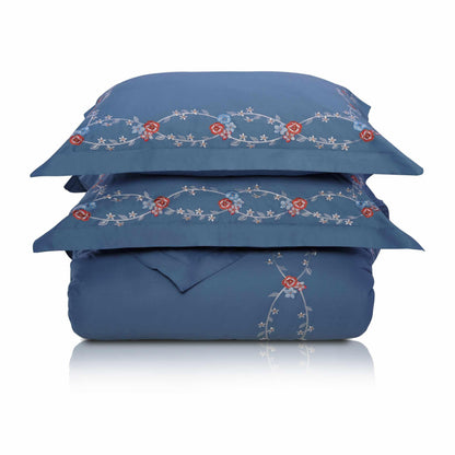  Superior Helena Embroidered Floral Cotton Duvet Cover Set - Blue