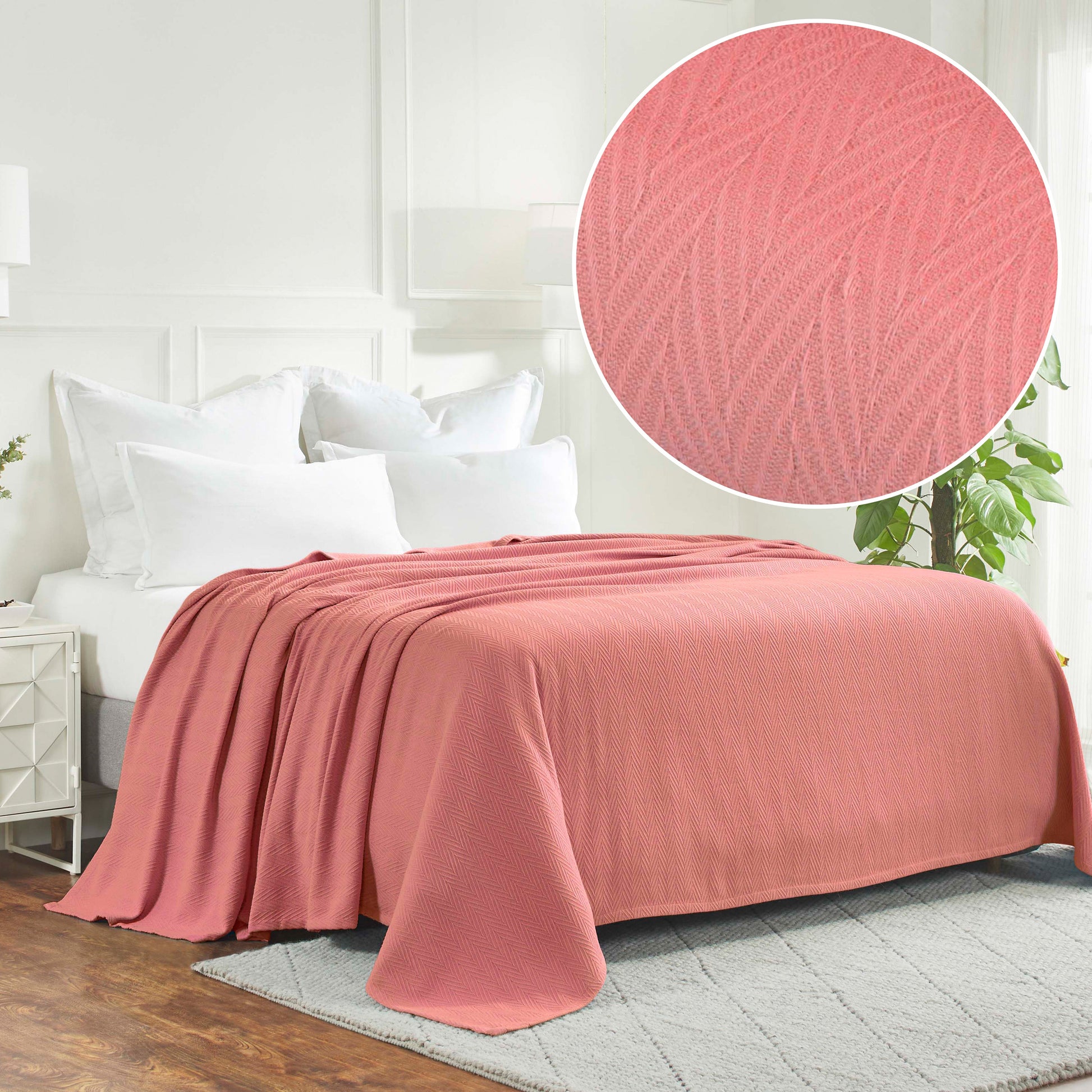 Herringbone All-Season Woven Cotton Blanket - Coral