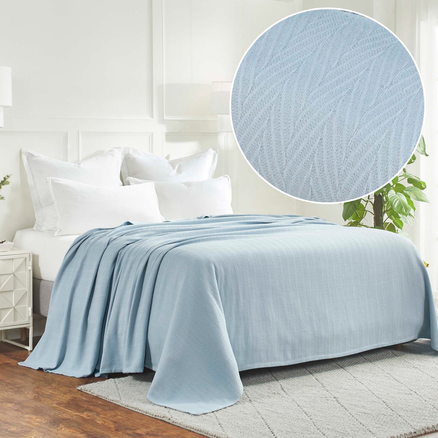 Herringbone All-Season Woven Cotton Blanket - Light Blue