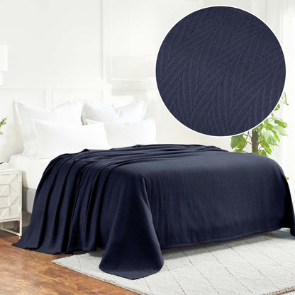 Herringbone All-Season Woven Cotton Blanket - Navy Blue