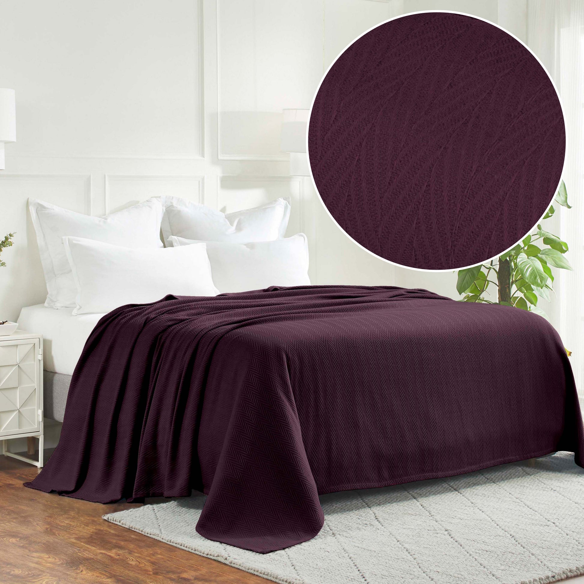 Herringbone All-Season Woven Cotton Blanket - Plum