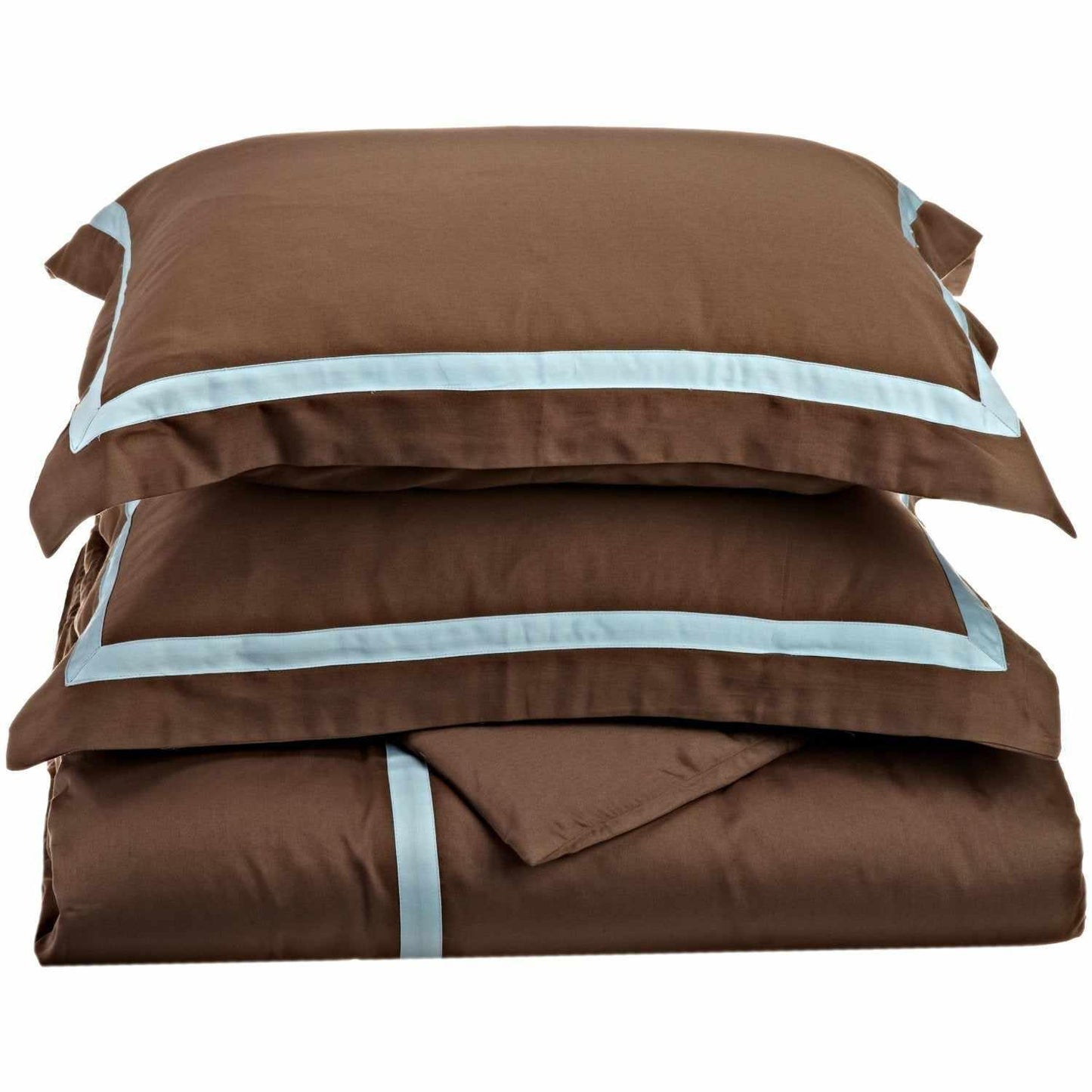  Superior Hotel Applique Stripe Egyptian Cotton Duvet Cover Set - Mocha/Sky Blue