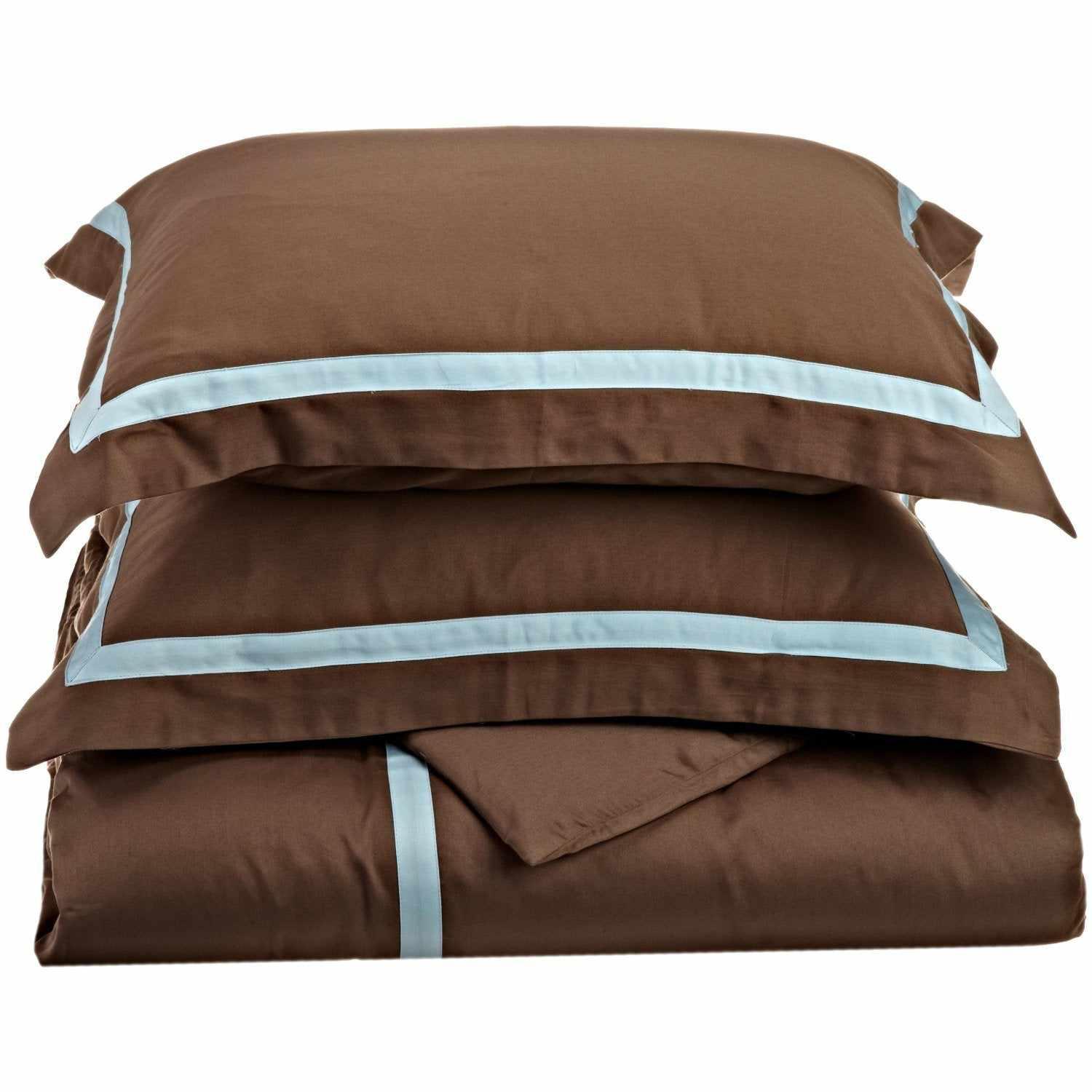  Superior Hotel Applique Stripe Egyptian Cotton Duvet Cover Set - Mocha/Sky Blue