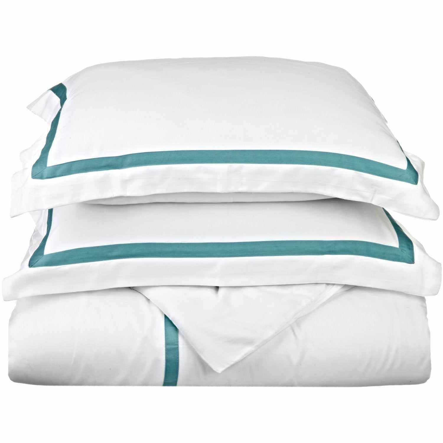  Superior Hotel Applique Stripe Egyptian Cotton Duvet Cover Set - White/Turquoise