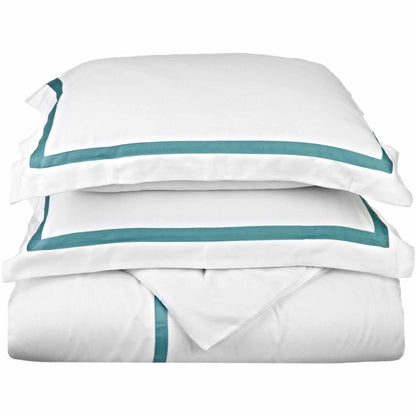  Superior Hotel Applique Stripe Egyptian Cotton Duvet Cover Set - White/Turquoise