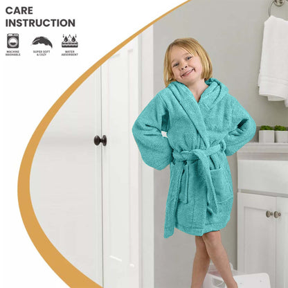 Cotton Ultra-Soft Terry Lightweight Kids Unisex Hooded Bathrobe - Teal