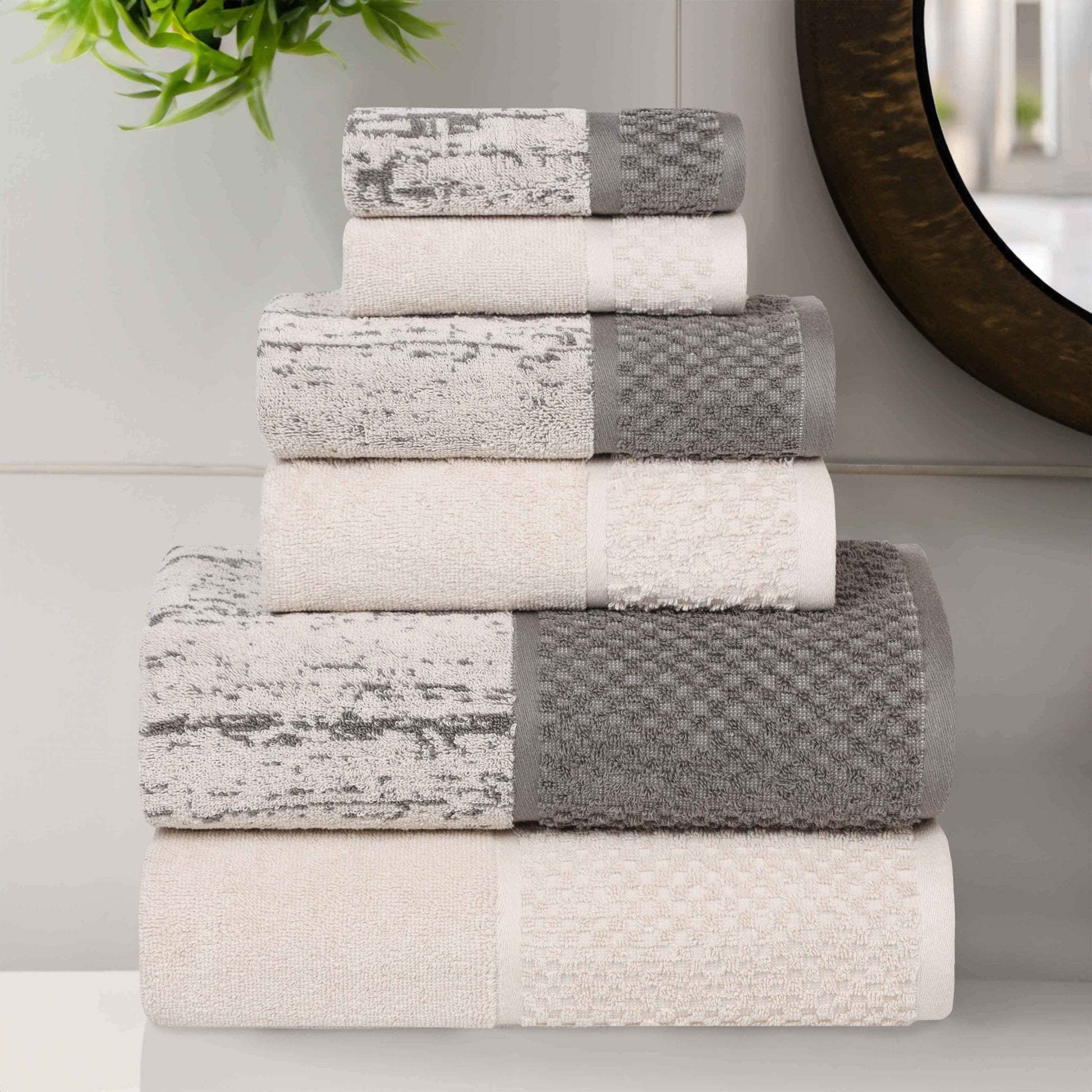 Lodie Cotton Jacquard Solid and Two-Toned 6 Piece Assorted Towel Set - Ivory-Charcoal