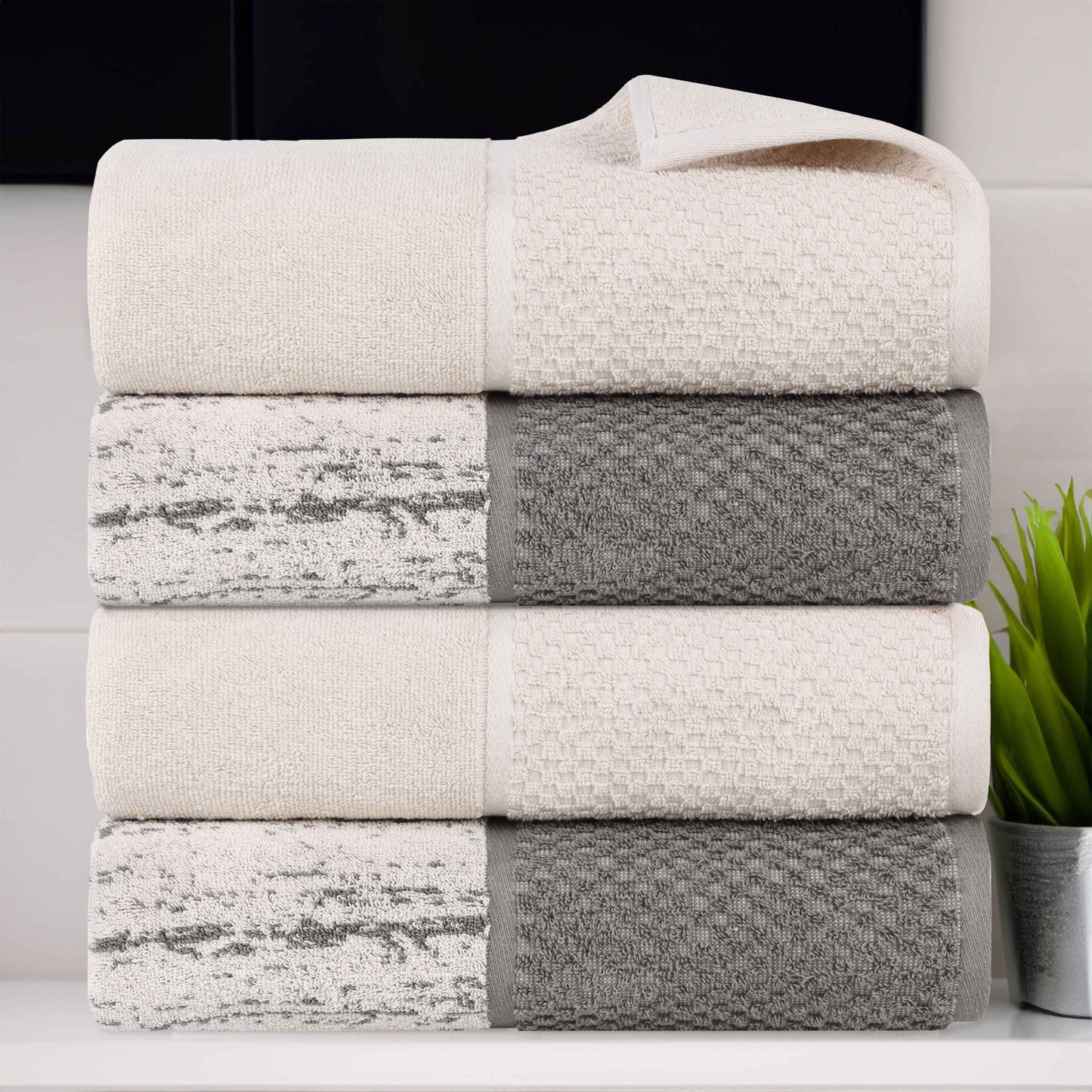 Lodie Cotton Jacquard Solid and Two-Toned Bath Towel Set of 4 - Ivory-Charcoal