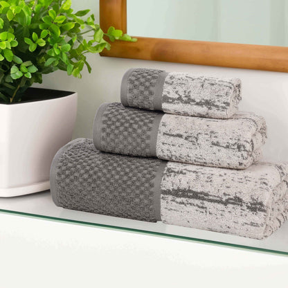 Lodie Cotton Plush Soft Jacquard Two-Toned 3 Piece Assorted Towel Set - Ivory-Charcoal