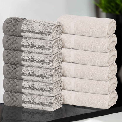 Lodie Cotton Jacquard Solid and Two-Toned Face Towel Washcloth Set of 12 - Ivory-Charcoal