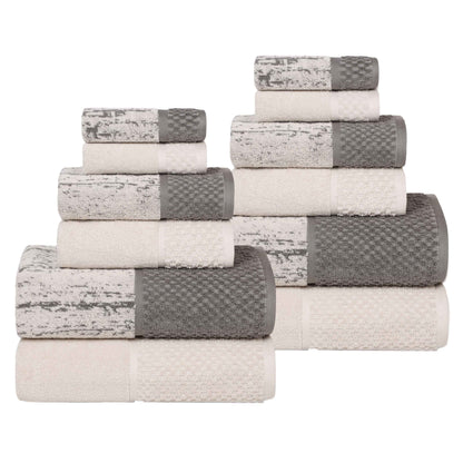 Lodie Cotton Jacquard Solid and Two-Toned 12 Piece Assorted Towel Set - Ivory-Charcoal