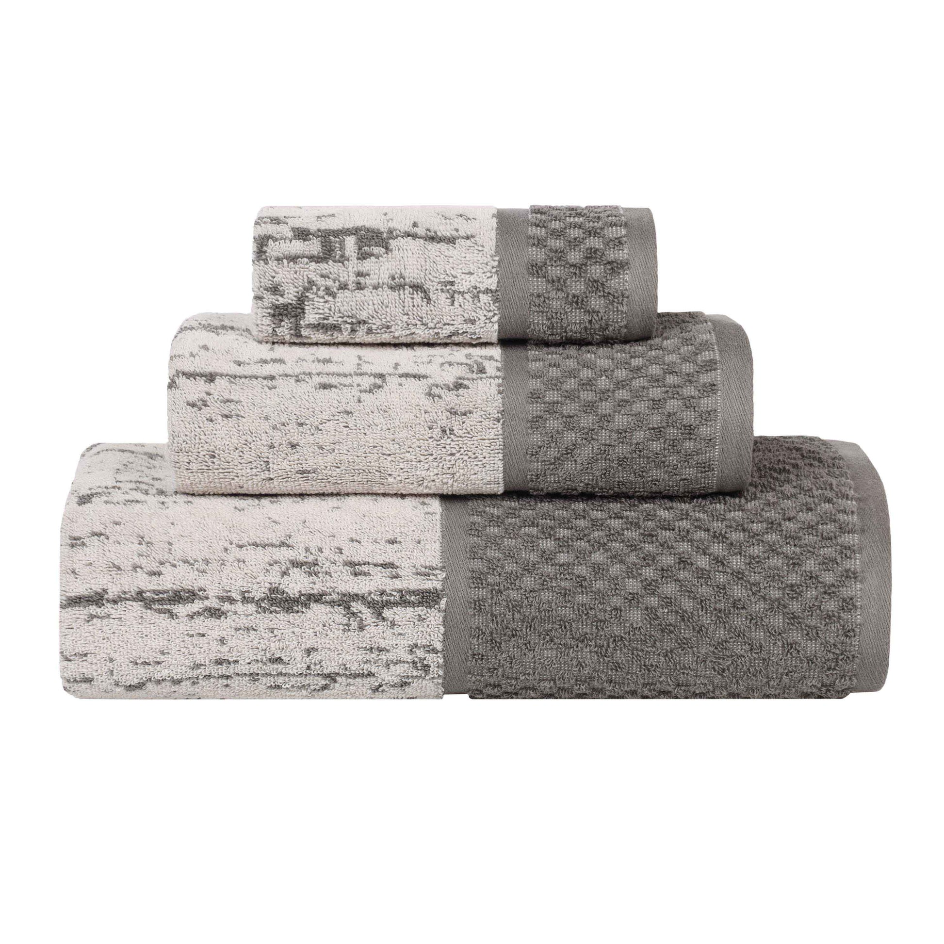 Lodie Cotton Plush Soft Jacquard Two-Toned 3 Piece Assorted Towel Set - Ivory-Charcoal