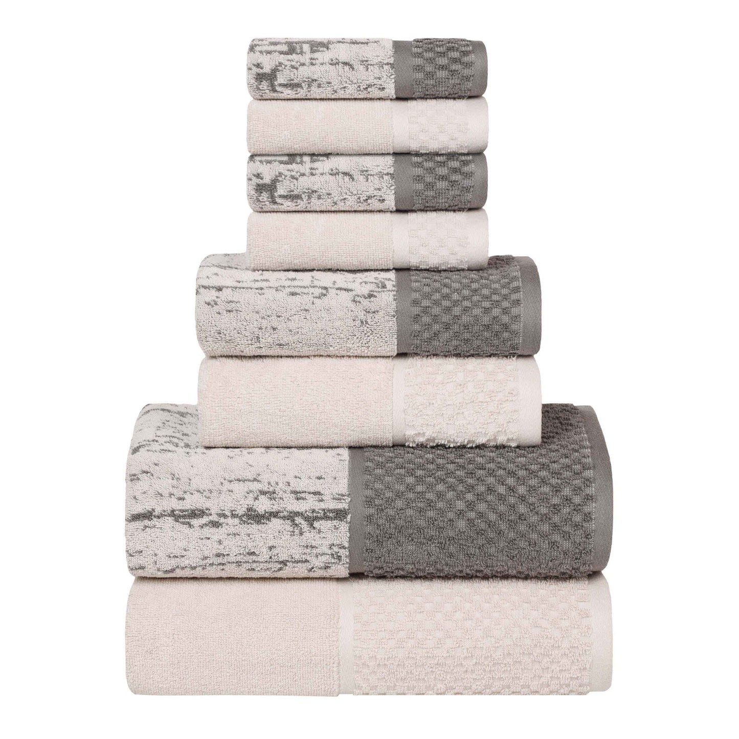 Lodie Cotton Jacquard Solid and Two-Toned 8 Piece Assorted Towel Set - Ivory-Charcoal