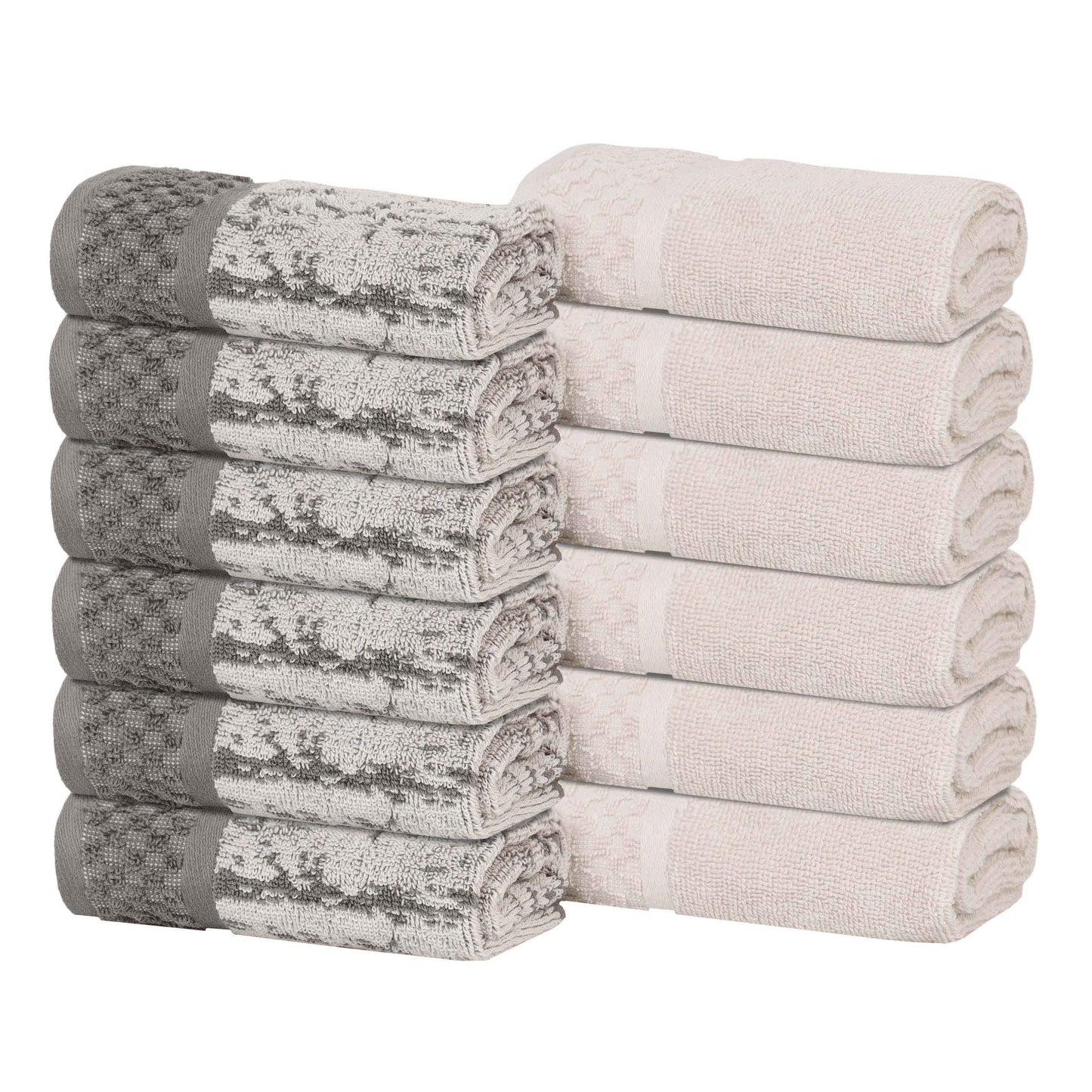 Lodie Cotton Jacquard Solid and Two-Toned Face Towel Washcloth Set of 12 - Ivory-Charcoal