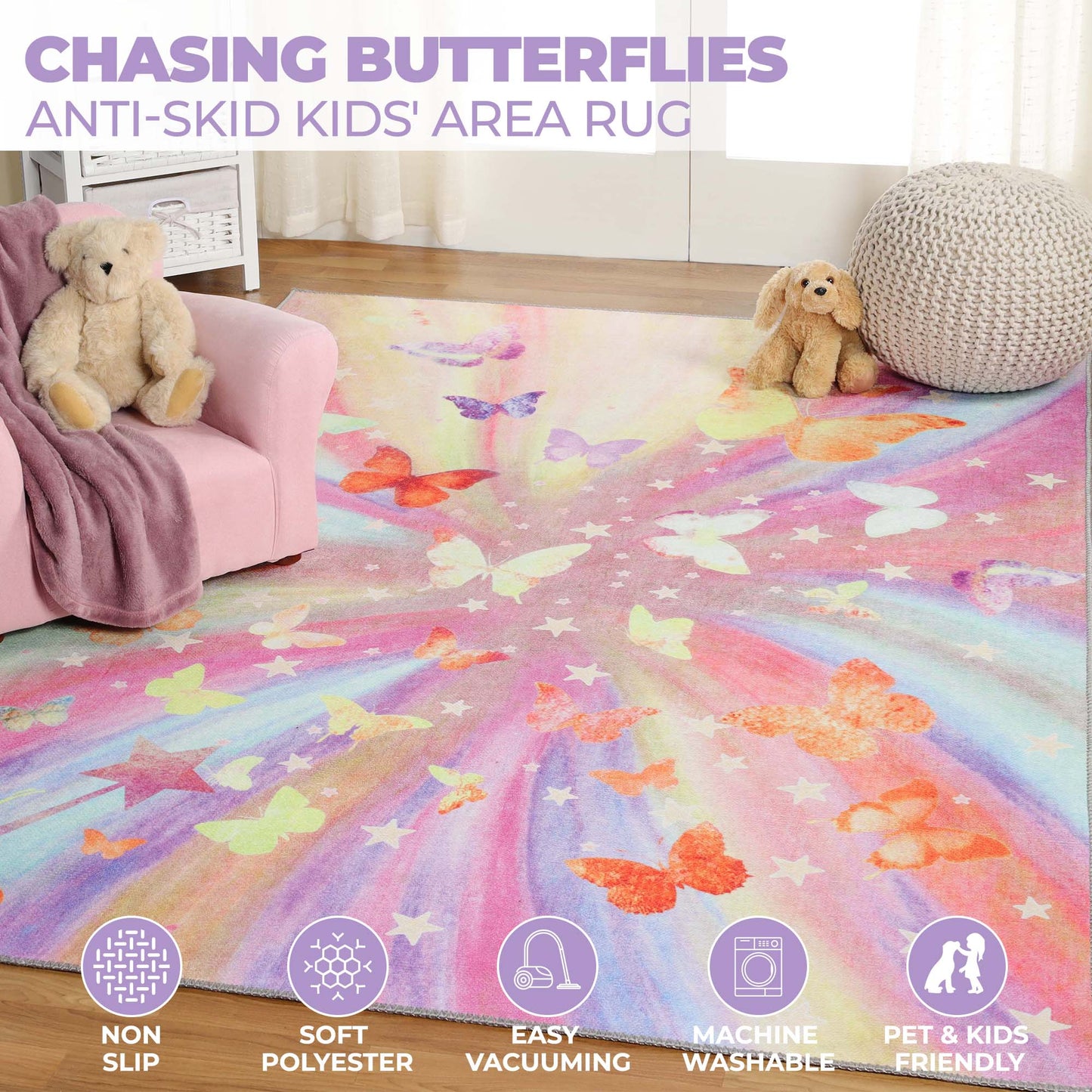 Superior Butterfly Colorful Kids Playroom Nursery Washable Indoor Area Rug Or Door Mat - Apricot