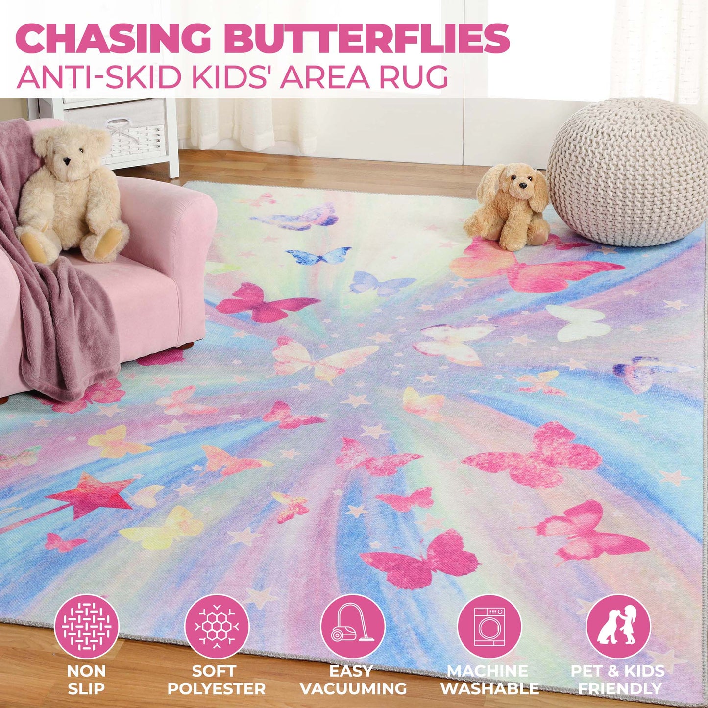 Superior Butterfly Colorful Kids Playroom Nursery Washable Indoor Area Rug Or Door Mat - Apricot