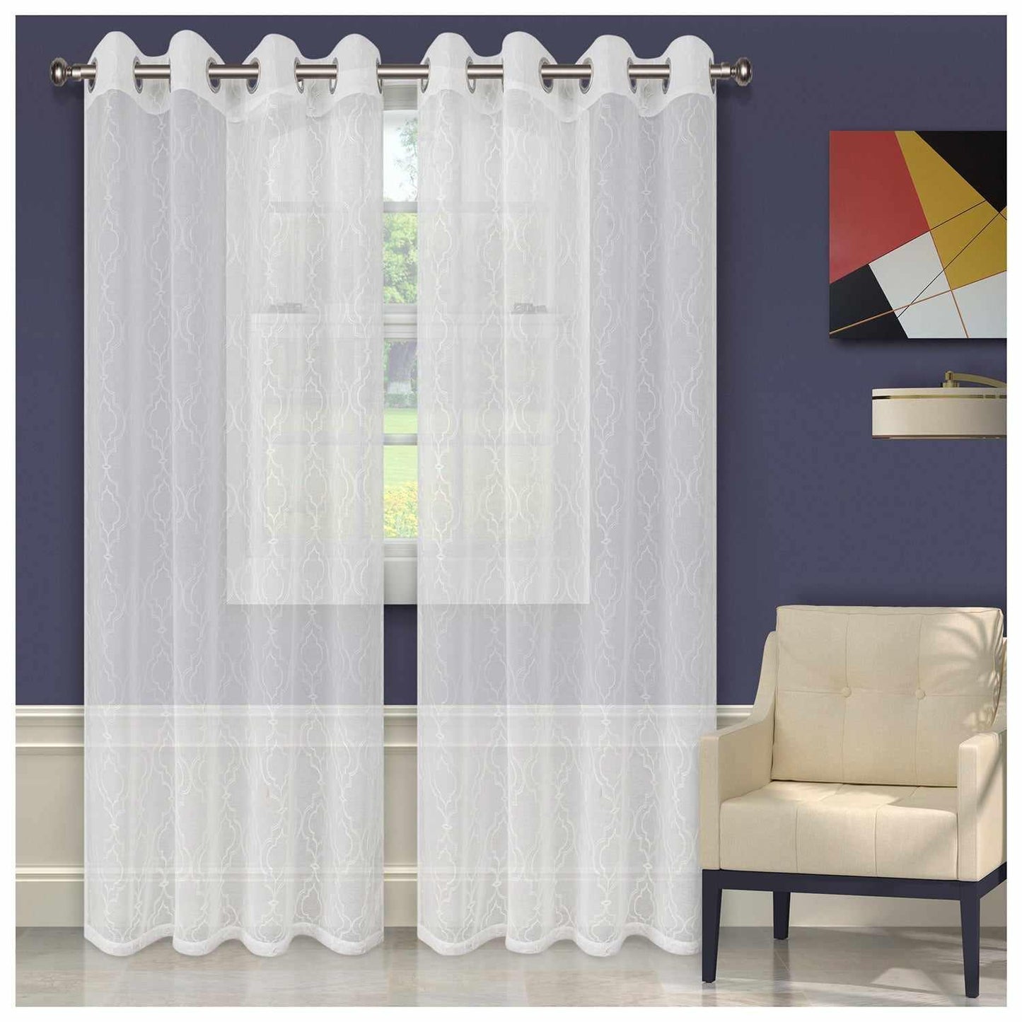 Imperial Trellis Embroidered Lightweight Sheer Curtain Set - White