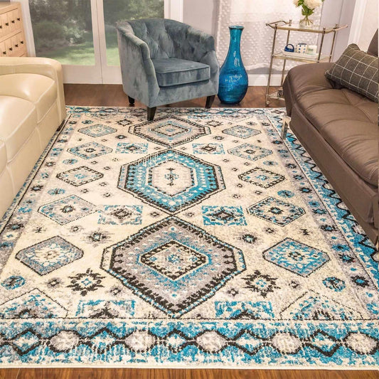  Superior Indoor Home Rustic Geometric Rug  - Ocean Blue