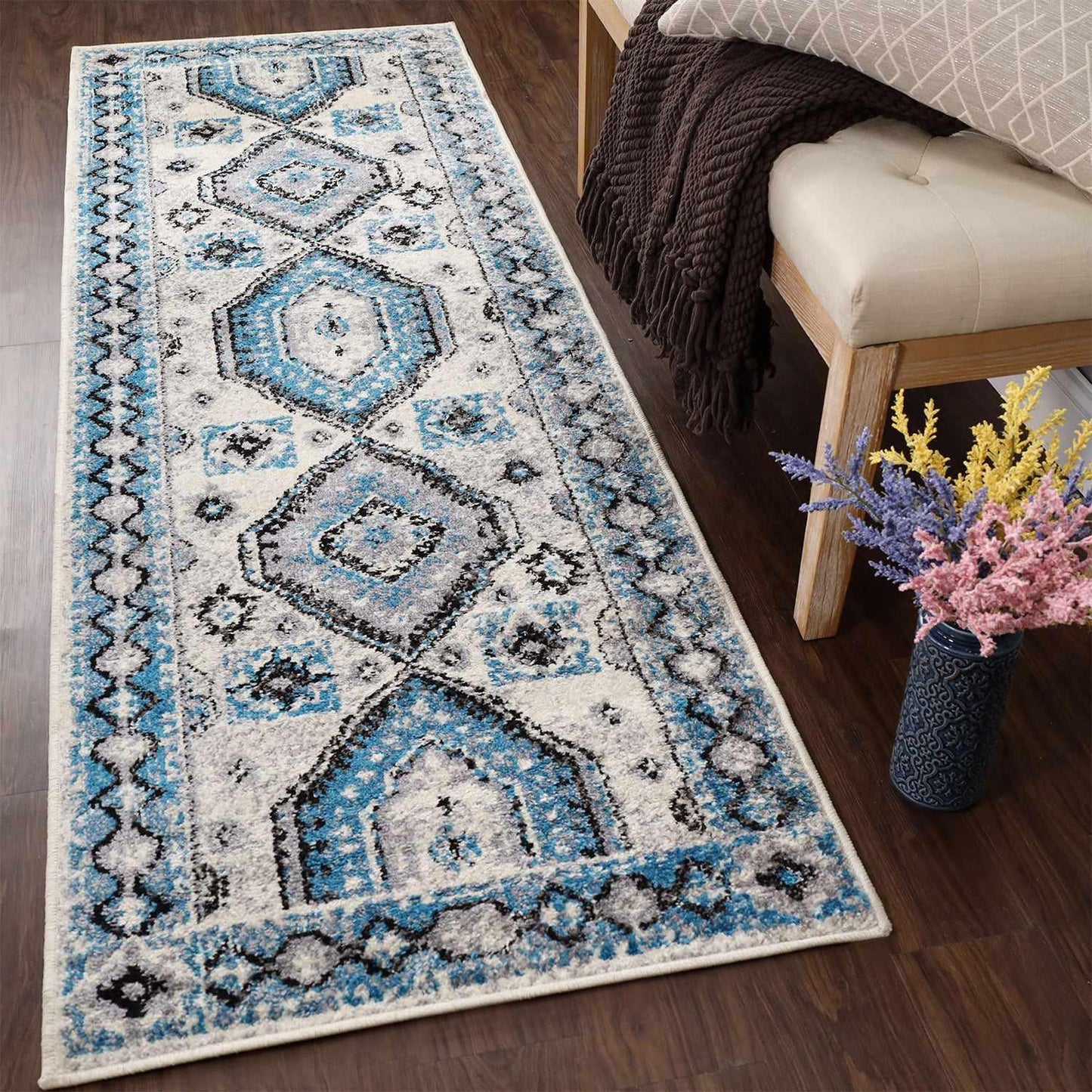  Superior Indoor Home Rustic Geometric Rug - Ocean Blue