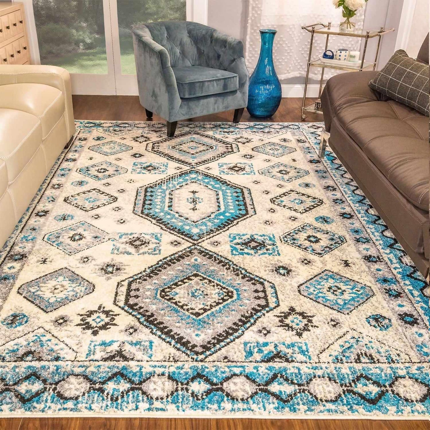  Superior Indoor Home Rustic Geometric Rug - Ocean Blue