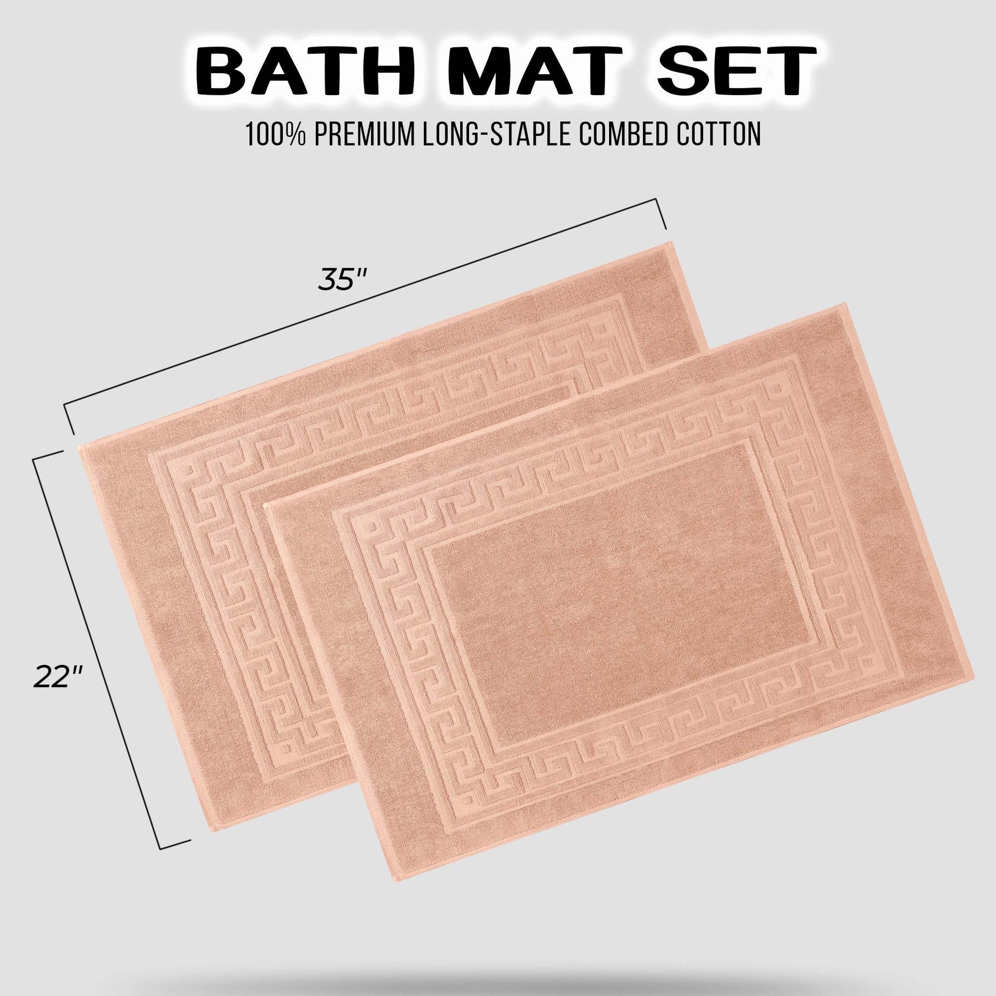 100% Cotton Highly-Absorbent Greek Key Border Solid 2-Piece Bath Mat Set - Peach