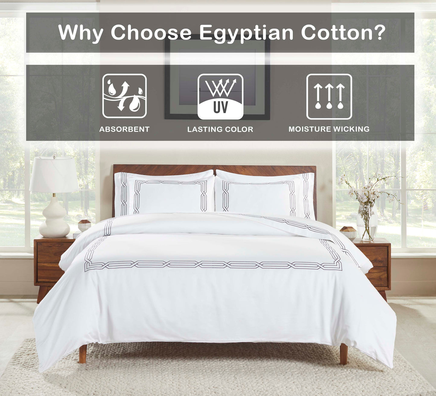 Superior Egyptian Cotton 1200 Thread Count Embroidered Geometric Scroll Duvet Cover Set - White- White