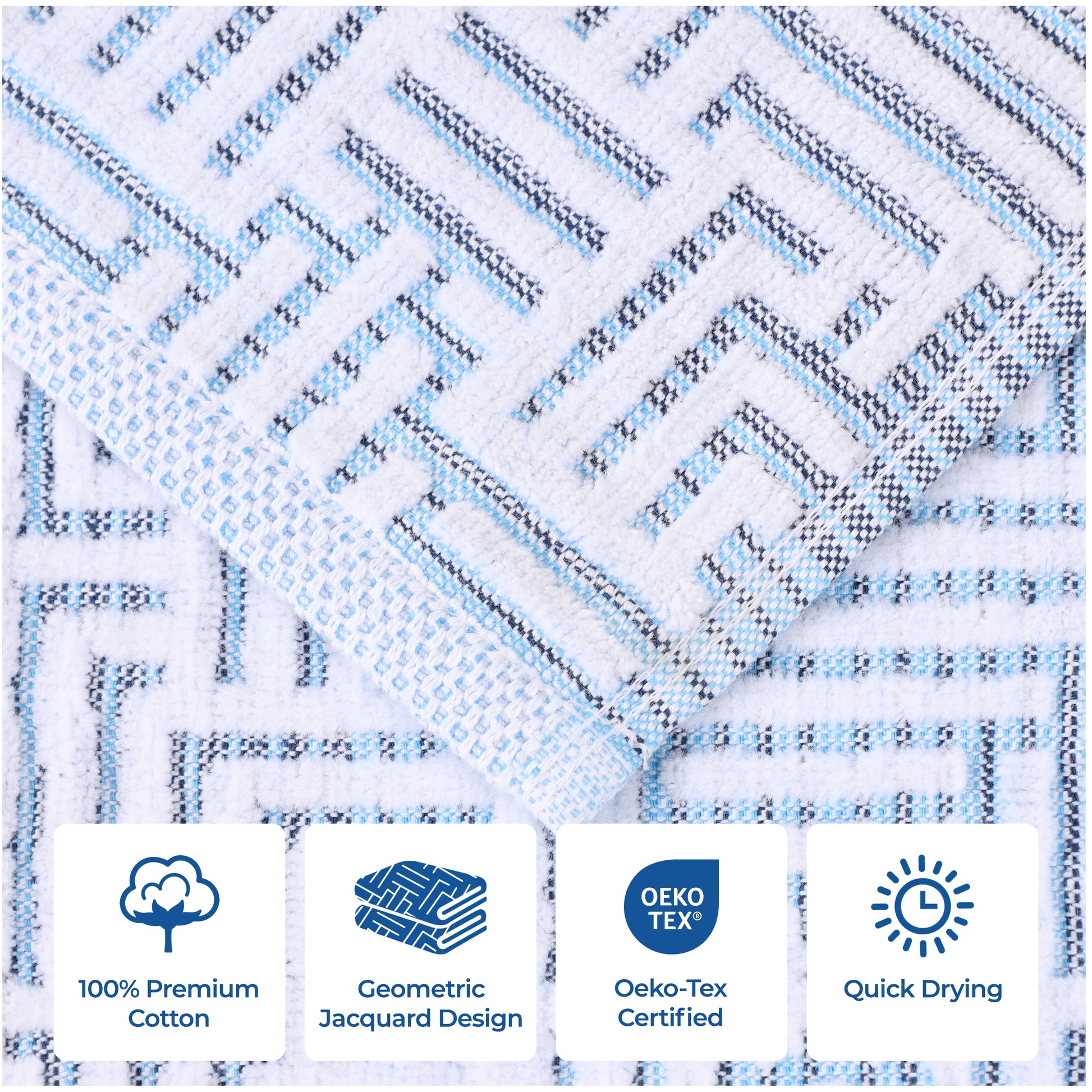 Cotton Modern Geometric Jacquard Plush Absorbent 3-Piece Towel Set - Blue