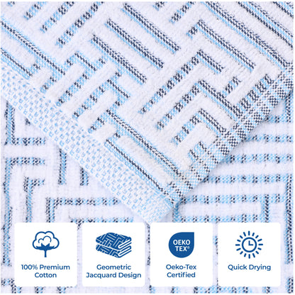 Cotton Modern Geometric Jacquard Plush Absorbent 3-Piece Towel Set - Blue