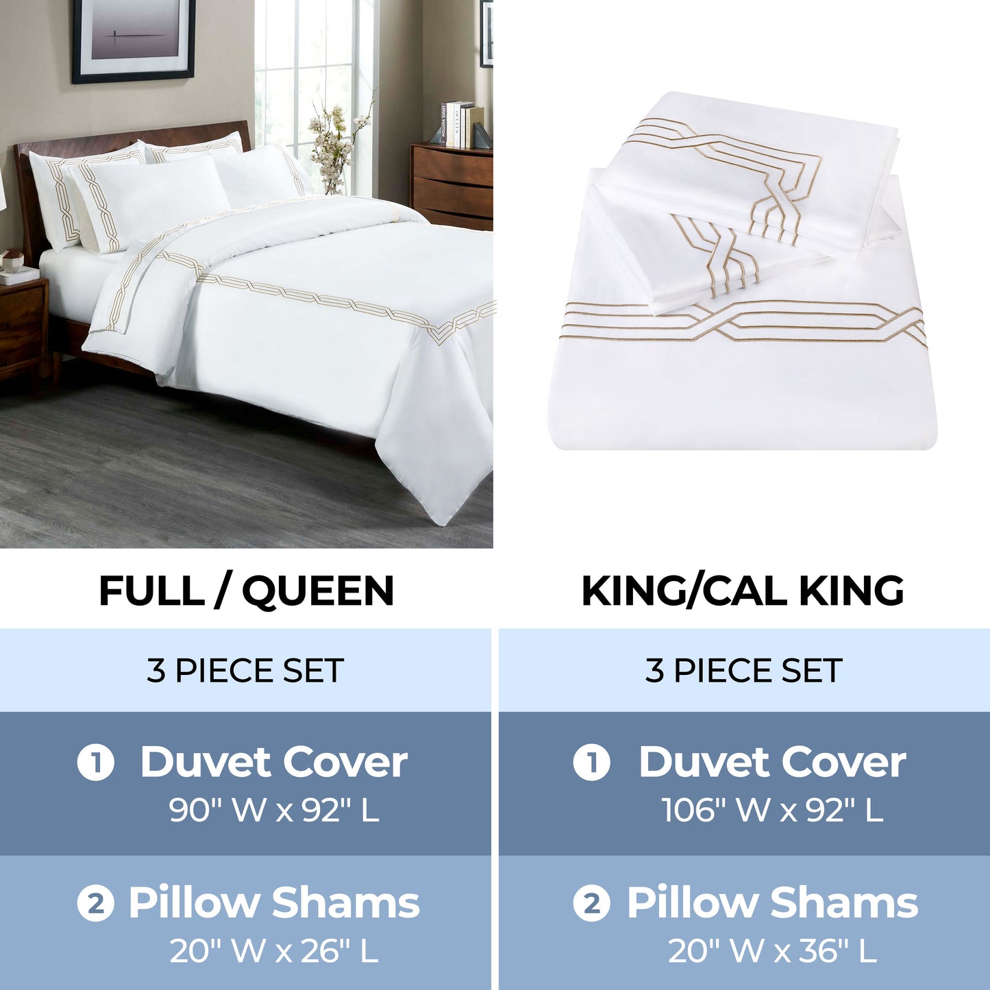 Superior Egyptian Cotton 1200 Thread Count Embroidered Geometric Scroll Duvet Cover Set - White- Taupe