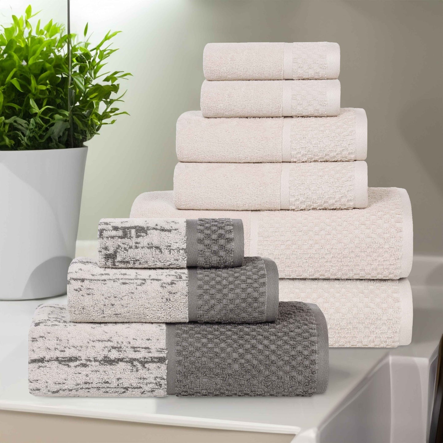 Lodie Cotton Jacquard Solid and Two-Toned 9 Piece Assorted Towel Set - Ivory-Charcoal