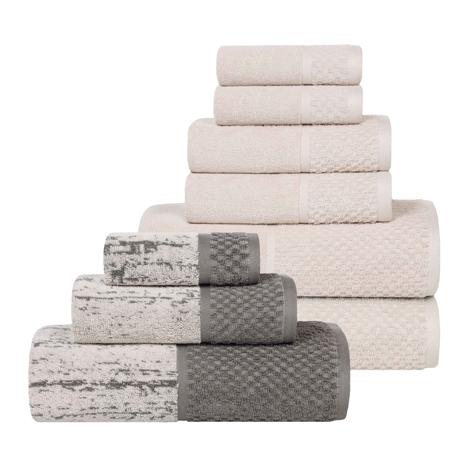 Lodie Cotton Jacquard Solid and Two-Toned 9 Piece Assorted Towel Set - Ivory-Charcoal