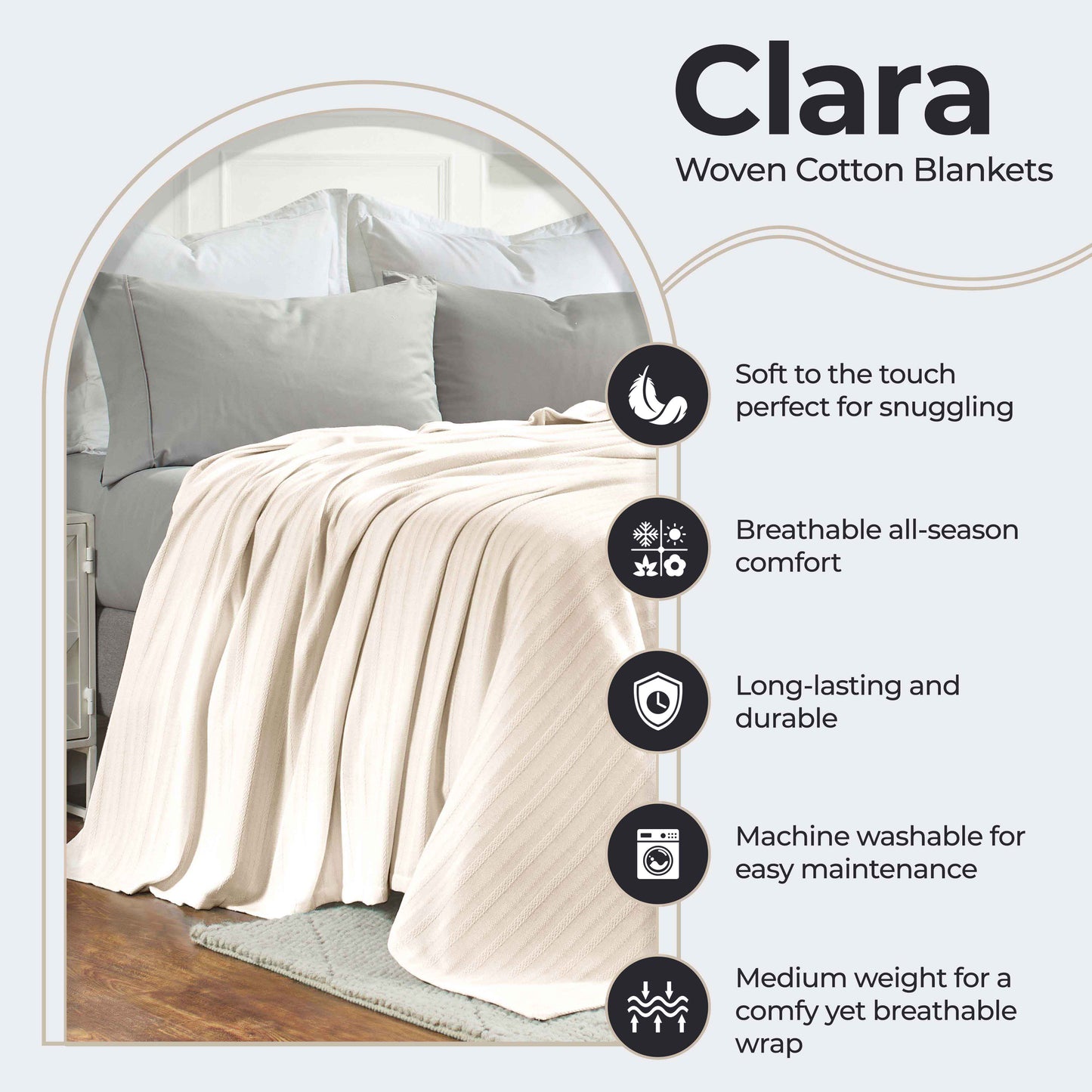 Clara Cotton Textured Jacquard Striped Lightweight Woven Blanket - Ivory