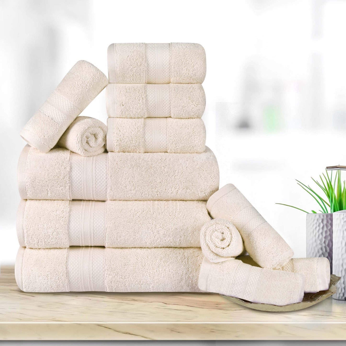 Turkish Cotton Highly Absorbent Solid 12 Piece Ultra Plush Towel Set - Ivory