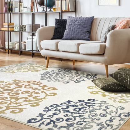 Amber Floral Scroll Medallion Non-Slip Washable Indoor Area Rug or Runner - Ivory
