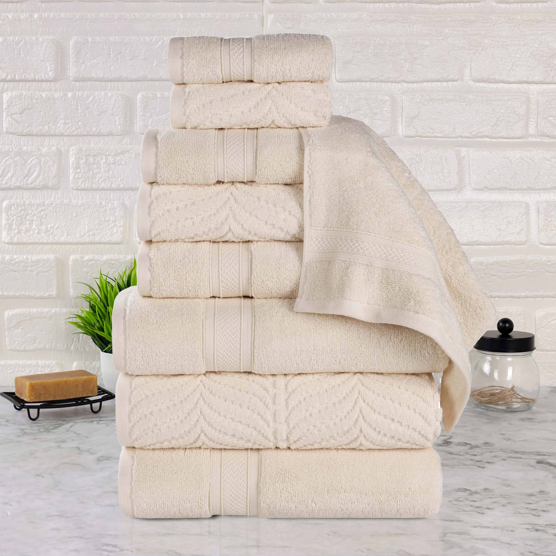 Chevron Zero Twist Solid and Jacquard Cotton 9 Piece Towel Set - Ivory