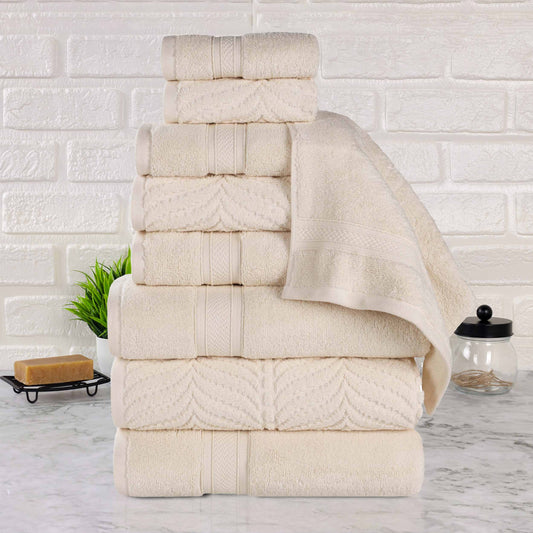 Chevron Zero Twist Solid and Jacquard Cotton 9 Piece Towel Set - Ivory