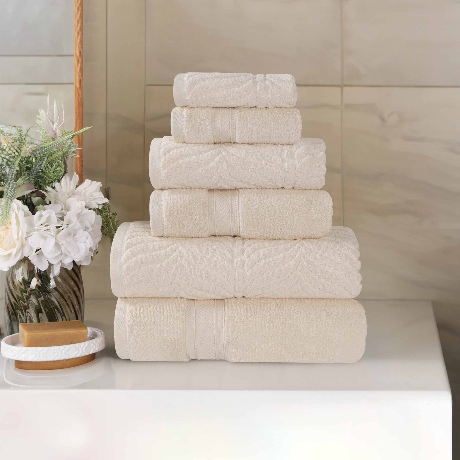 Chevron Zero Twist Solid and Jacquard Soft Cotton 6 Piece Towel Set - Ivory