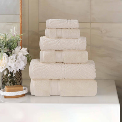 Chevron Zero Twist Solid and Jacquard Soft Cotton 6 Piece Towel Set - Ivory