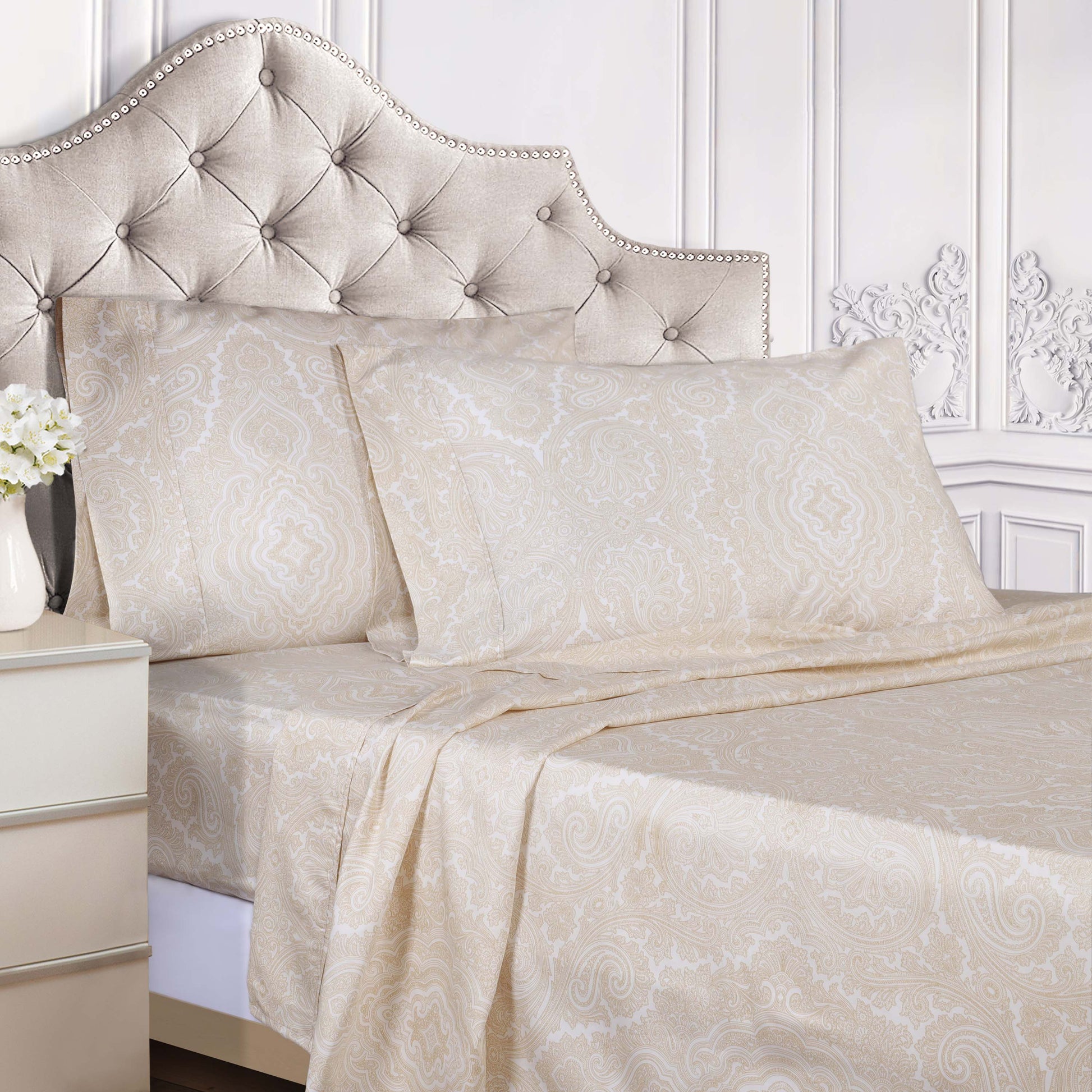 Italian Paisley 600 Thread Count Cotton Blend Deep Pocket Sheet Set - Ivory