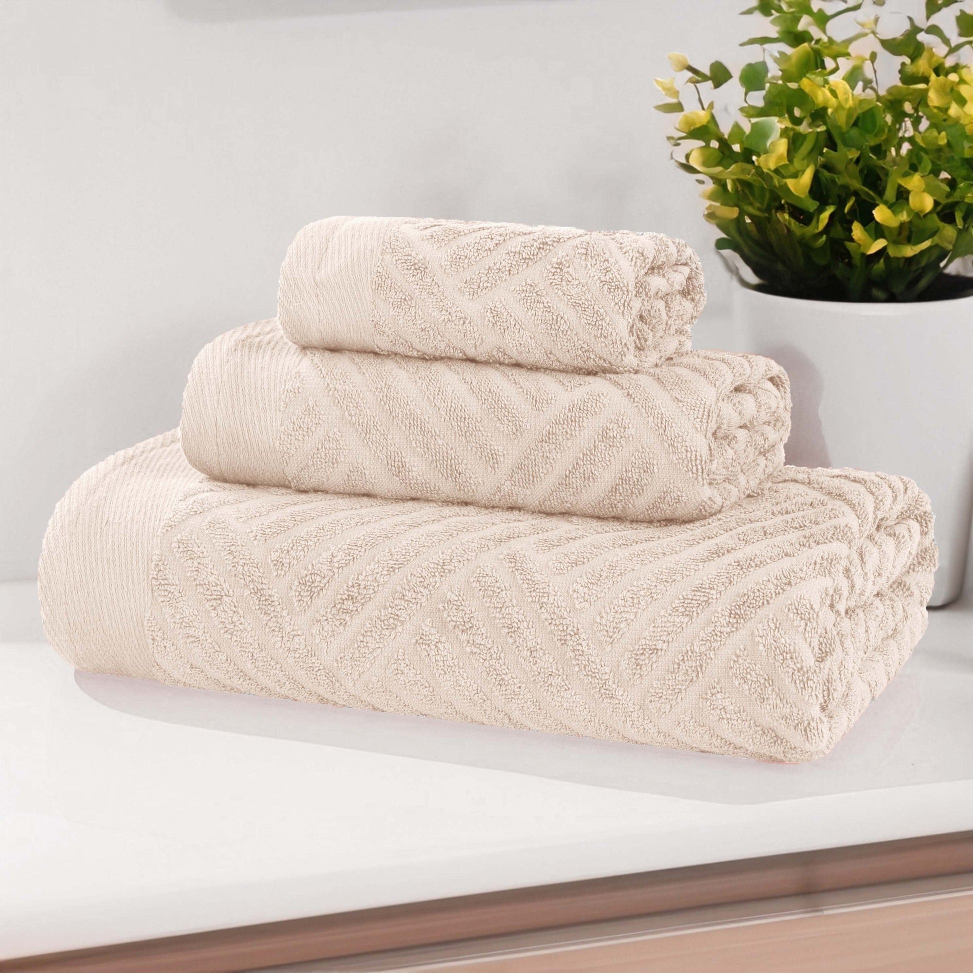 Basketweave Egyptian Cotton Jacquard 3 Piece Assorted Towel Set - Ivory