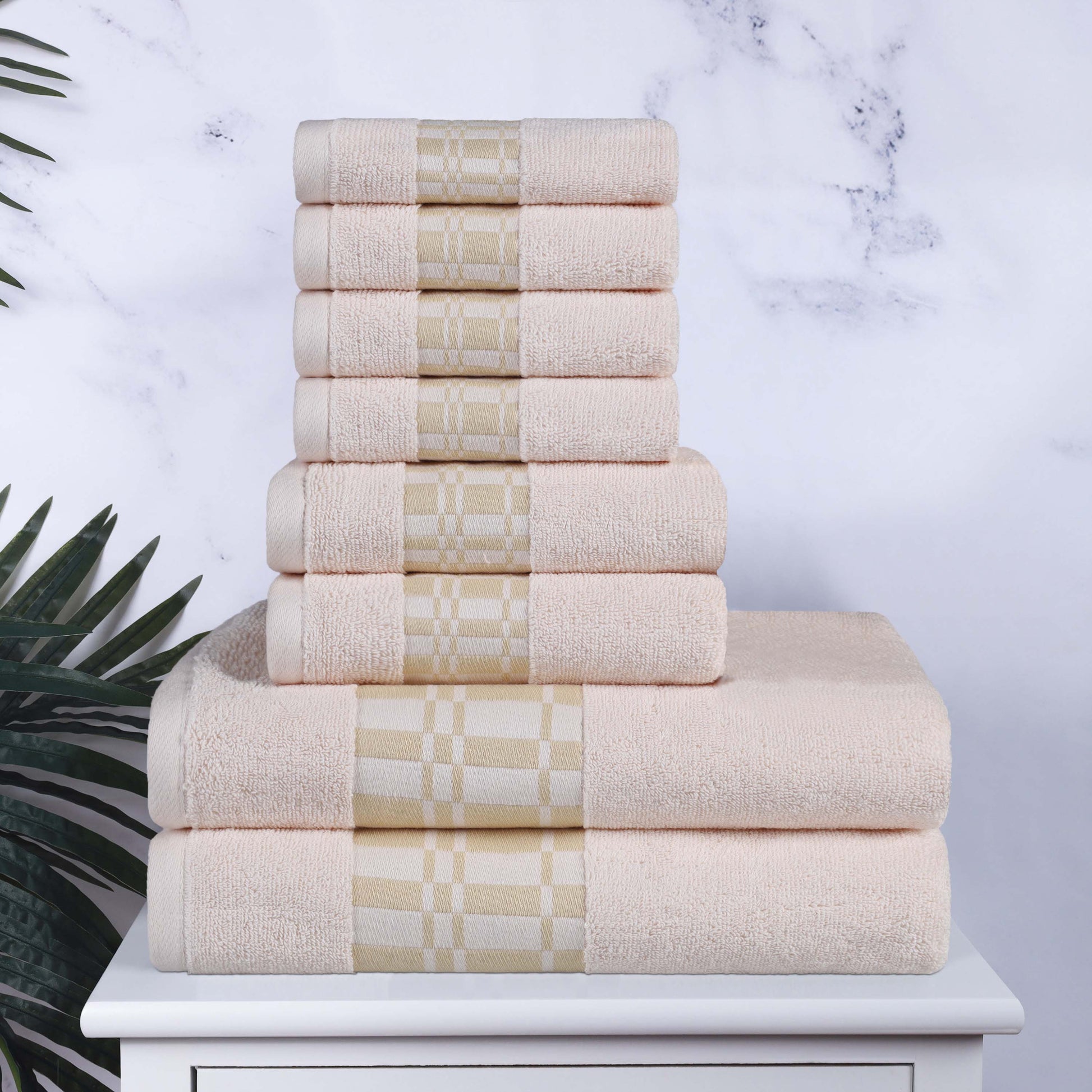 Larissa Cotton Geometric Border 8 Piece Assorted Towel Set - Ivory