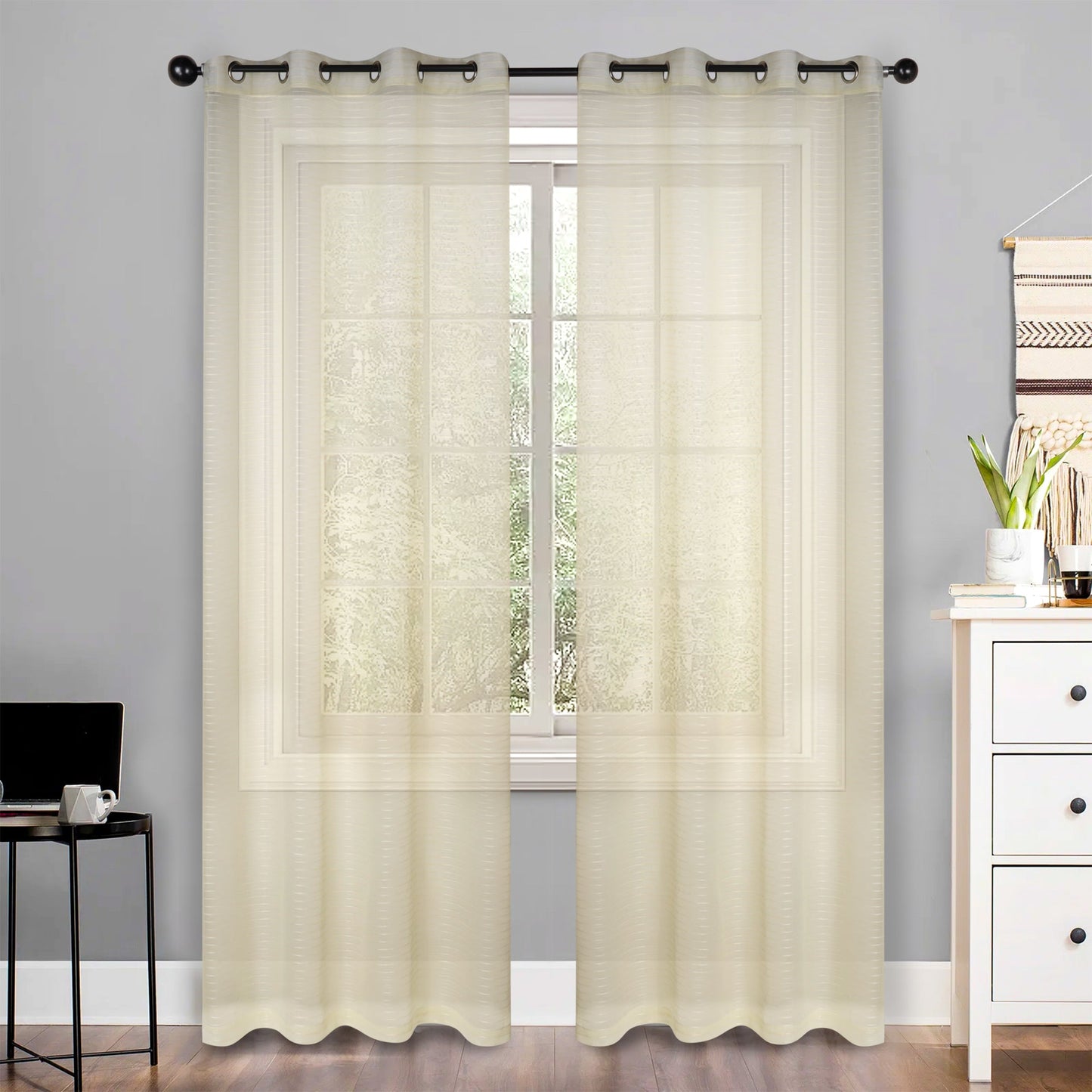 Jackson Striped Sheer Window Curtain Panels - Ivory