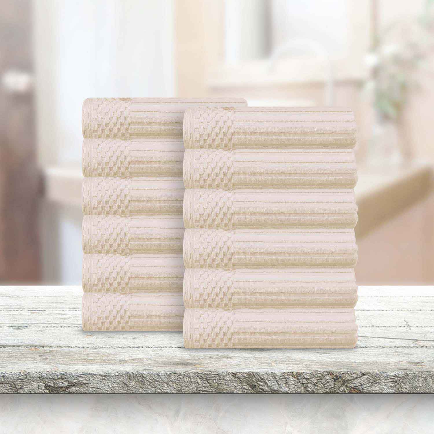 Soho Ribbed Cotton Absorbent Face Towel / Washcloth Set of 12 - Ivory