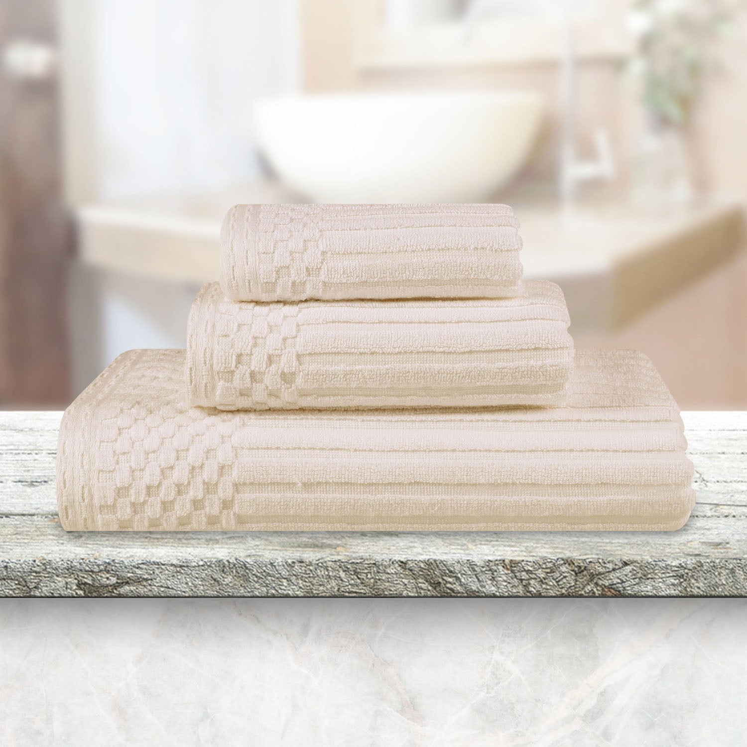 Soho Ribbed Cotton Absorbent 3 Piece Assorted Towel Set - Ivory